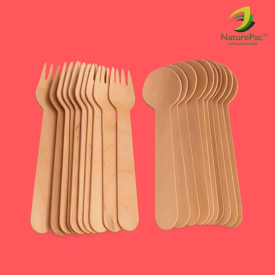 Naturepac Wooden Spoon 25 Pcs + Fork 25 Pcs Combo