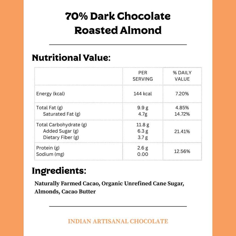 Darkins Roasted Almond Dark Chocolate Bar | 70% Rich Cocoa