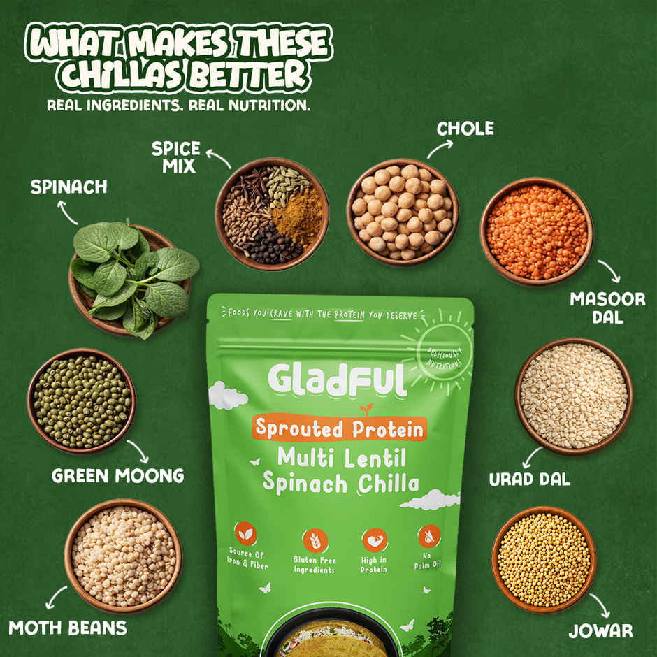 Gladful Spinach Protein Sprouted Lentils and Millets Instant Chilla Mix