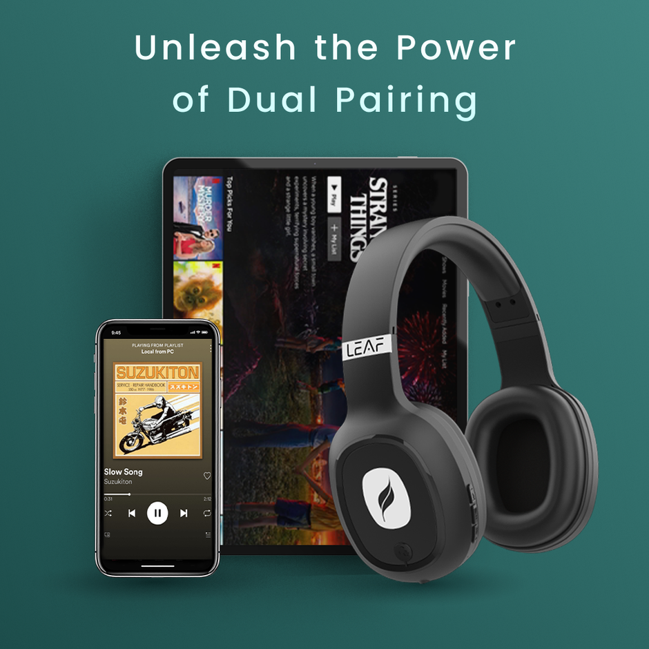 Leaf Bass Wireless Headphone w/AI Sound App | Dual Pairing | 38 mm Driver | Carbon Black