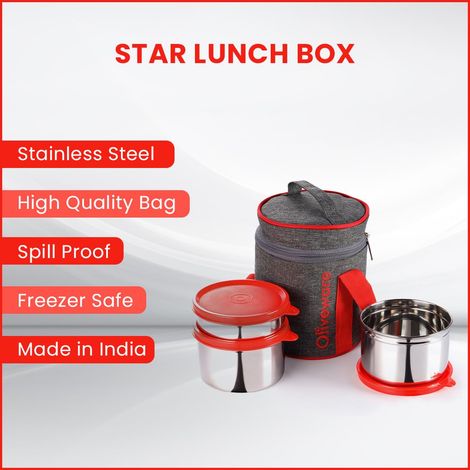 Oliveware Star Lunch Box, 3 Stainless Steel and Leak Proof - Red