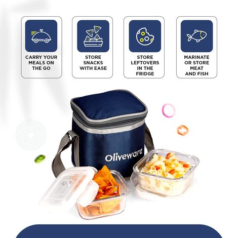 Oliveware Deluxe Glassware Lunchbox, 2 Borosilicate Glass, Microwave Safe & Leak Proof - Blue
