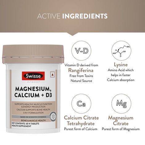 Swisse Magnesium, Calcium+D3 Supports Muscle Function, Energy & Bone Health - 60 Tablets