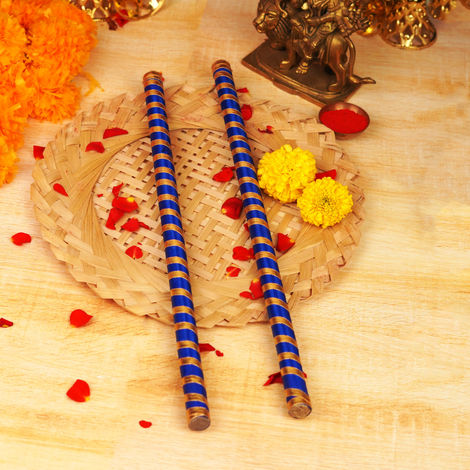 Decorated Tiranga Wooden Dandiya Sticks | Royal Blue & Gold | ServDharm