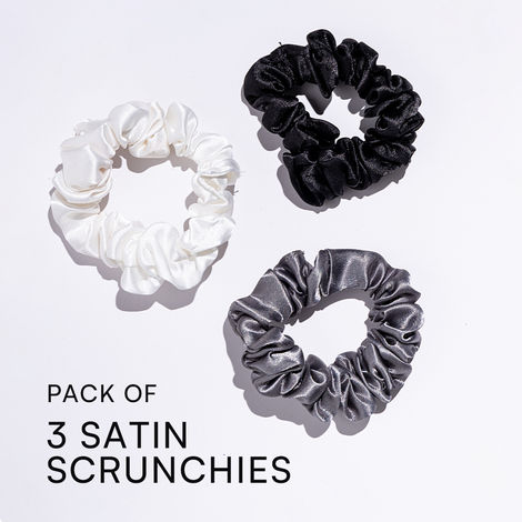 Gush Beauty Premium Hair Satin Rubber Band/Scrunchie | Set of 3 | Black, White & Gray