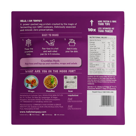 Hello Tempayy 14g Protein Tempeh Crumbles | Peri Peri | Heat & Add | Soy Tempeh