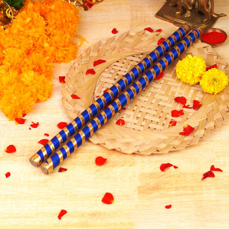 Decorated Tiranga Wooden Dandiya Sticks | Royal Blue & Gold | ServDharm