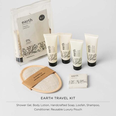 Kimirica Earth Travel Kit | 6-in-1 Bath Essentials with Loofah in Pouch | Self-Care Set
