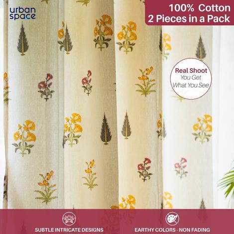 Urban Space Cotton Door Curtains 7Ft X 4Ft 250 Gsm High Graden Yellow Set Of 2