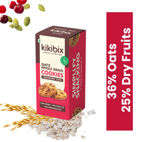 Kikibix Cranberry Oats Healthy Cookies, Jaggery Oats Biscuits, Digestive, 36% Oats, 25% dry fruits