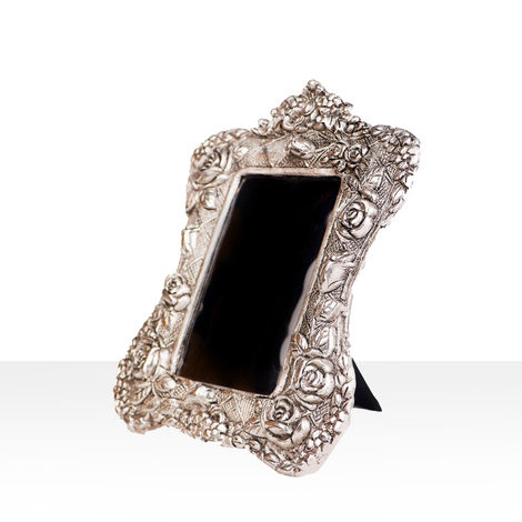 Devnidhii Photo Frame Silver Plated Rectangular Shape with Rose Flowers Carving