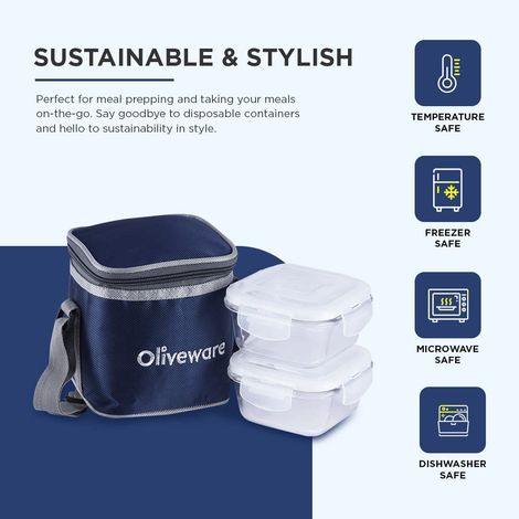 Oliveware Deluxe Glassware Lunchbox, 2 Borosilicate Glass, Microwave Safe & Leak Proof - Blue