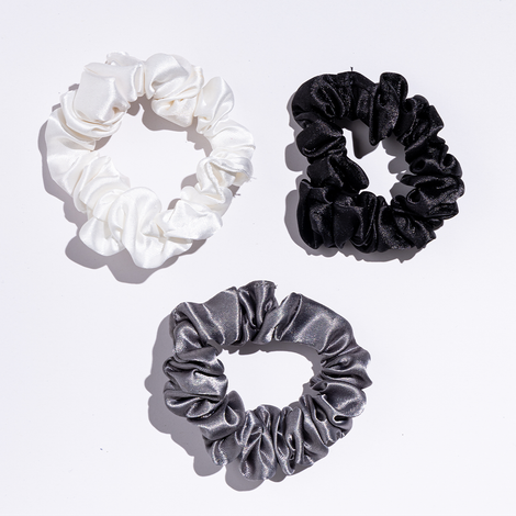 Gush Beauty Premium Hair Satin Rubber Band/Scrunchie | Set of 3 | Black, White & Gray