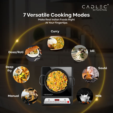 Cadlec CookMate 2000W Induction Cooktop with Crystal Glass, 7 Cooking Modes, Auto Shut-Off, Over-Heat Protection, LED Display - Black