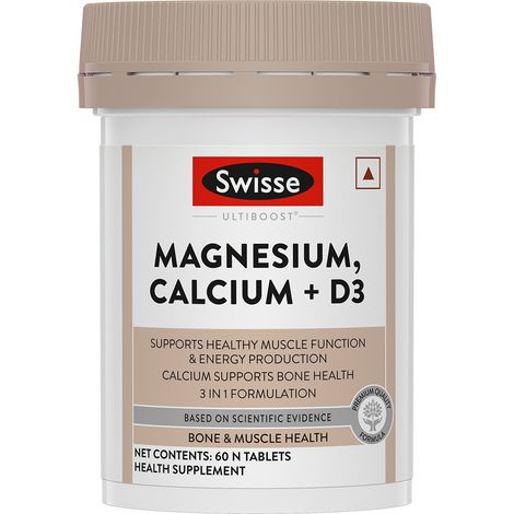 Swisse Magnesium, Calcium+D3 Supports Muscle Function, Energy & Bone Health - 60 Tablets