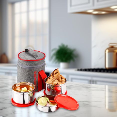 Oliveware Star Lunch Box, 3 Stainless Steel and Leak Proof - Red