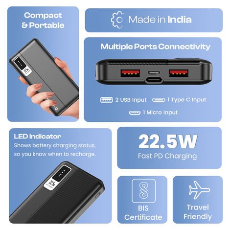 Lapcare Blaze 10000Mah Wired Power Bank | Dual USB Port + PD 22.5W Fast Charging USB Type-C Input | Led Indicator | Light Weight | Compact & Slim Design | Made in India - Black