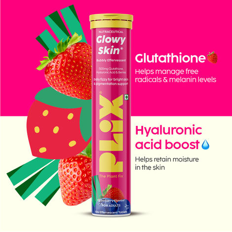 Plix Bubbly Strawberry Flavour Effervescent Tablets for Glowy Skin (L-Glutathione)