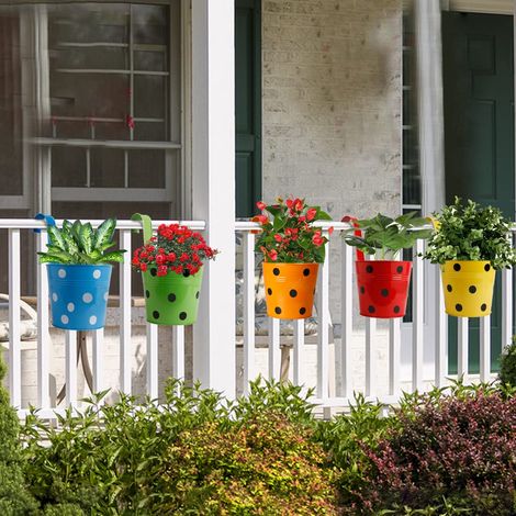 TrustBasket Polka Dotted Round Railing Planters | Balcony Hanging Pots - Multicolor