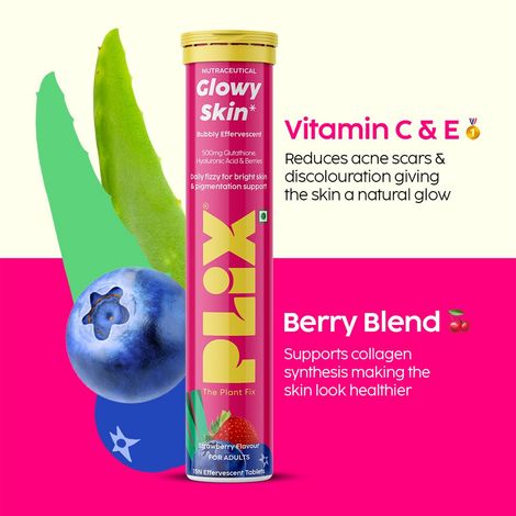 Plix Bubbly Strawberry Flavour Effervescent Tablets for Glowy Skin (L-Glutathione)