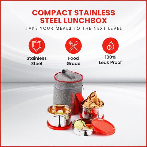 Oliveware Star Lunch Box, 3 Stainless Steel and Leak Proof - Red