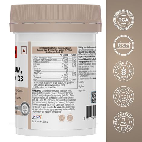 Swisse Magnesium, Calcium+D3 Supports Muscle Function, Energy & Bone Health - 60 Tablets