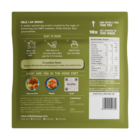 Hello Tempayy 15g Protein Tempeh Crumbles - Low Fat & High Fibre | Soy Tempeh