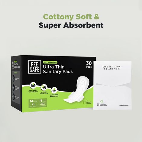 Pee Safe Ultra Thin Rash Free Sanitary Pads (14 XL/16 XXL) | Assorted pack | 30 pcs