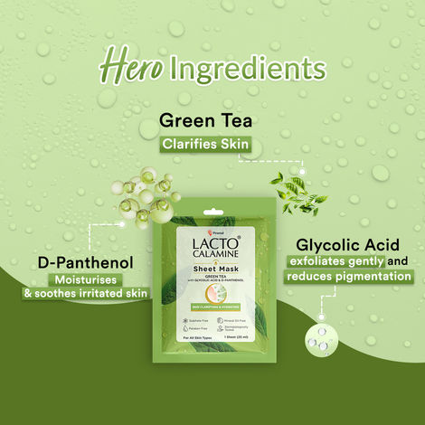 Lacto Calamine Green Tea Face Sheet Mask for Hydration, Calm & Clear Skin that Soothes Acne