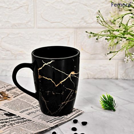 Femora Gift Set Liquid Gold Marble Coffee Mug Cup 1 Pc Black Desh Ki Mitti
