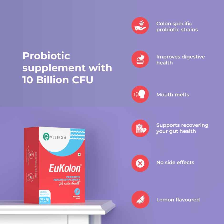 Velbiom Eukolon | Probiotic Supplement for Gut & Digestion | Pre + Probiotic | 10Bn CFU