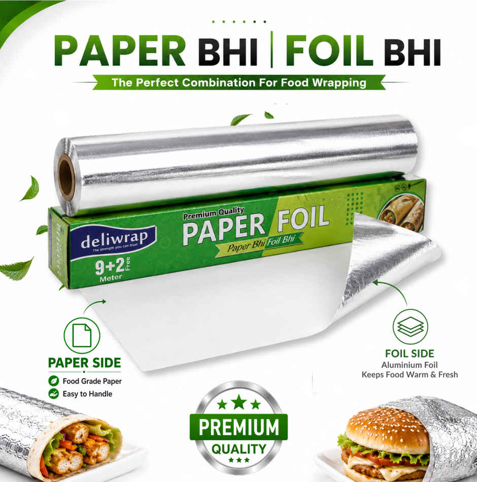 Deliwrap 2-in-1 Paper & Aluminium Foil Roll | 9+2 m | Greaseproof | Heat Retention | Food Wrap
