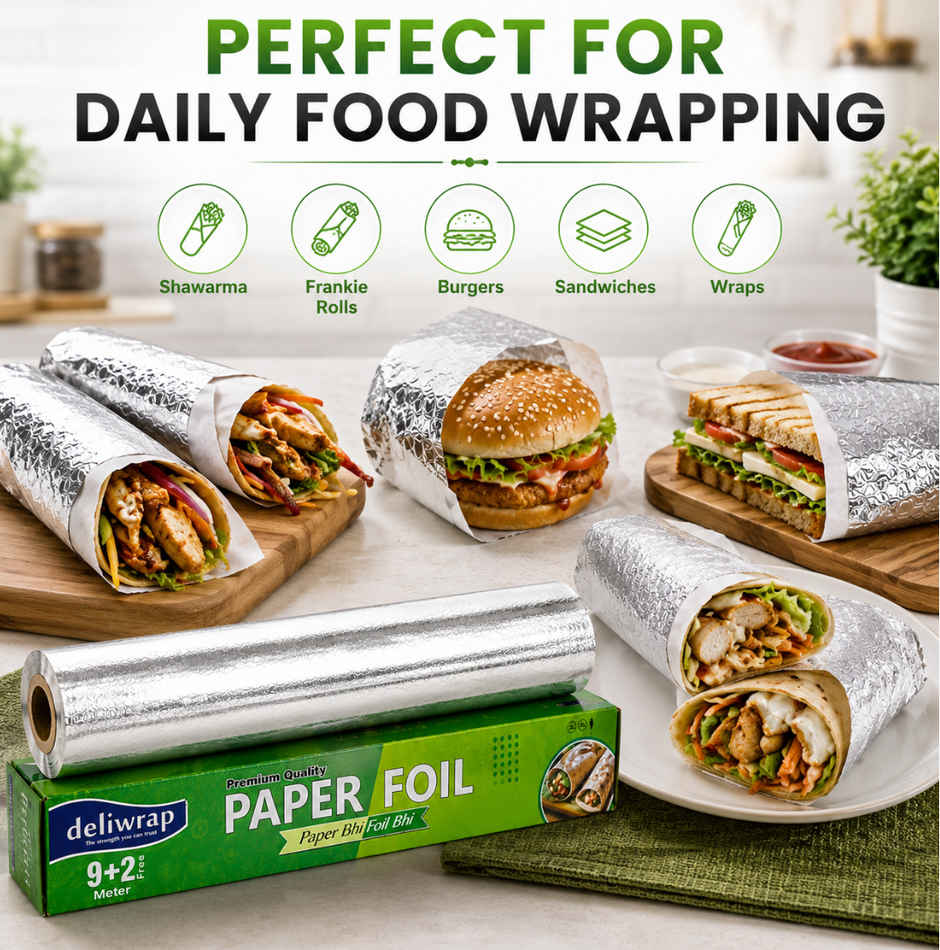 Deliwrap 2-in-1 Paper & Aluminium Foil Roll | 9+2 m | Greaseproof | Heat Retention | Food Wrap