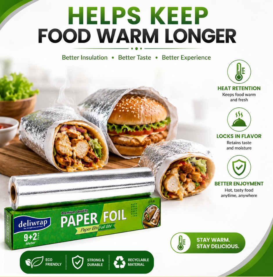 Deliwrap 2-in-1 Paper & Aluminium Foil Roll | 9+2 m | Greaseproof | Heat Retention | Food Wrap