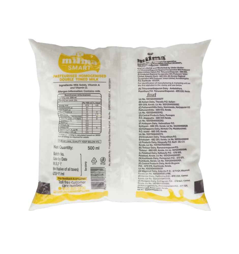 Milma Smart Double Toned Fresh Milk | Pouch