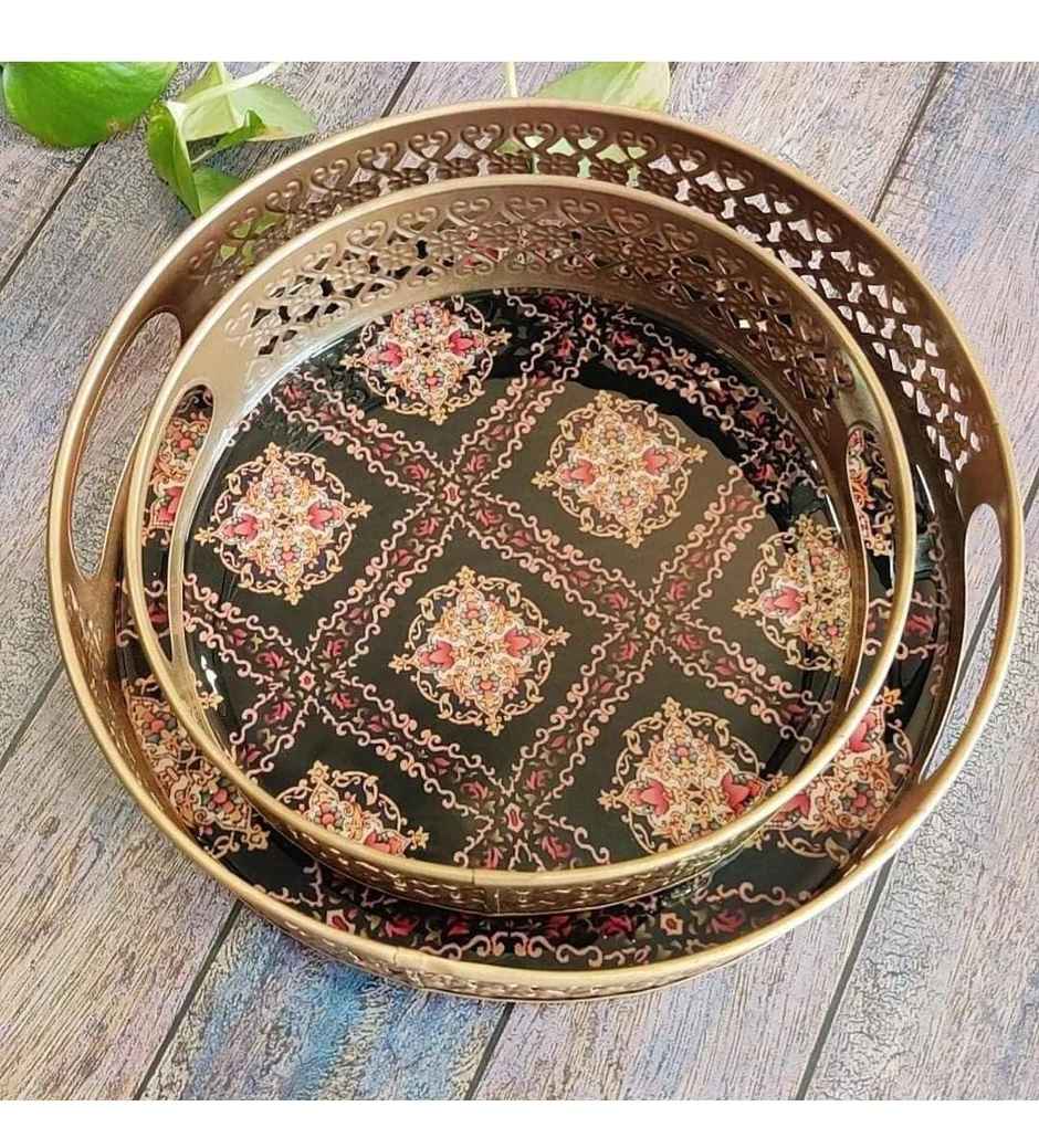 Homeharmony Round Tray Set Of 2 Traditional Design Tray | Size - 8 Inch and 10 Inch