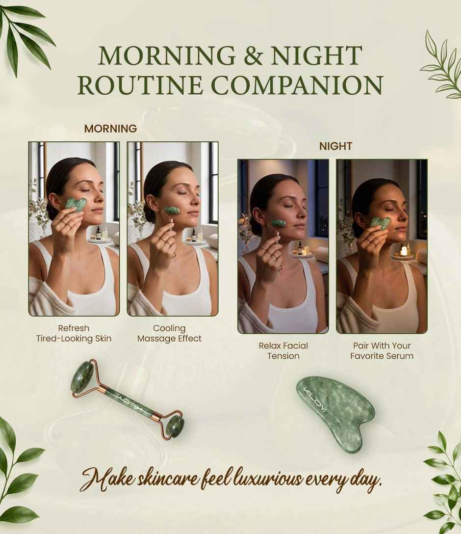 Kloy Natural Jade Face Roller & Gua Sha Set -Facial Massager for Skin Lifting | Puffiness Reduction