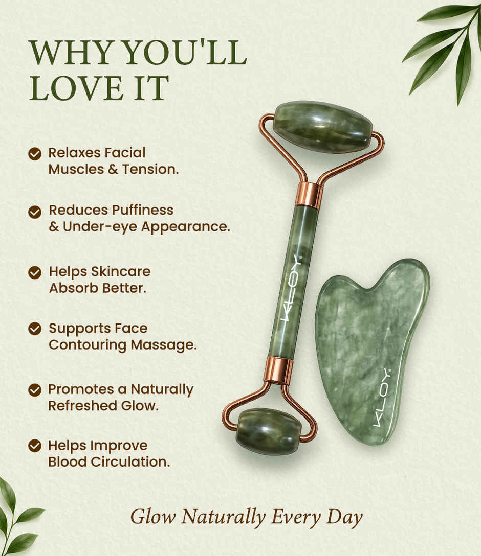 Kloy Natural Jade Face Roller & Gua Sha Set -Facial Massager for Skin Lifting | Puffiness Reduction