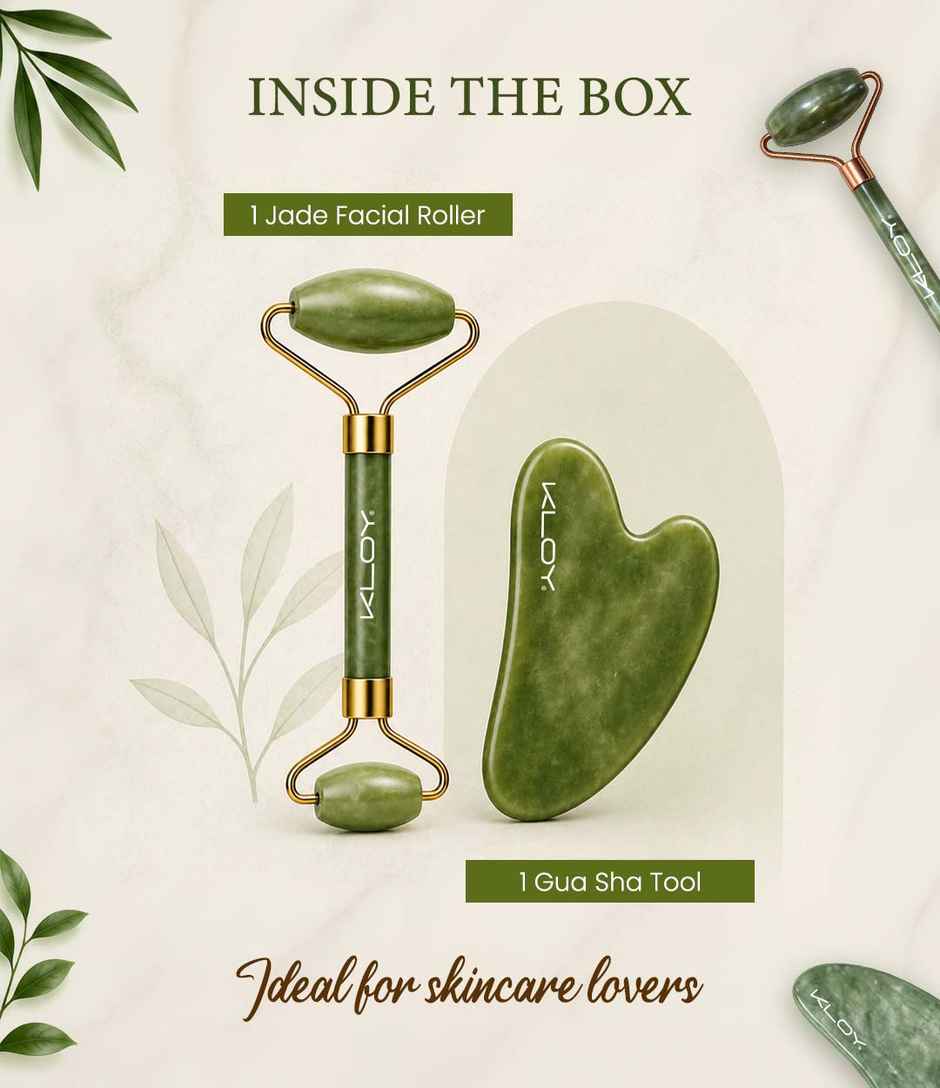 Kloy Natural Jade Face Roller & Gua Sha Set -Facial Massager for Skin Lifting | Puffiness Reduction