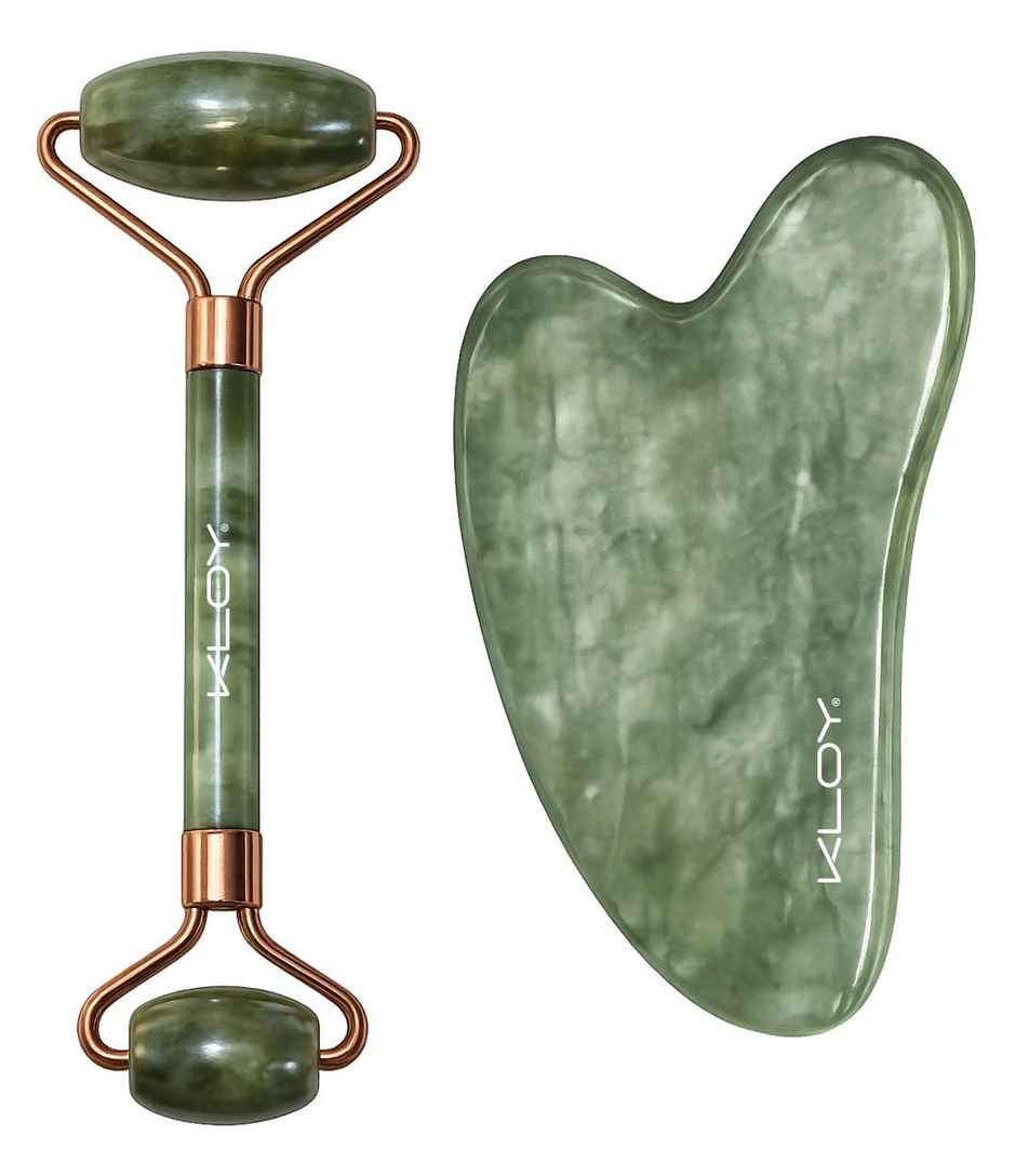 Kloy Natural Jade Face Roller & Gua Sha Set -Facial Massager for Skin Lifting | Puffiness Reduction