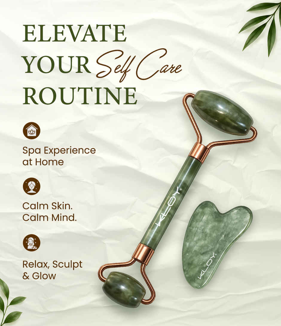 Kloy Natural Jade Face Roller & Gua Sha Set -Facial Massager for Skin Lifting | Puffiness Reduction