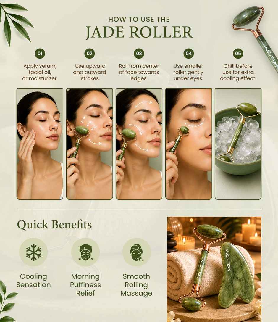 Kloy Natural Jade Face Roller & Gua Sha Set -Facial Massager for Skin Lifting | Puffiness Reduction