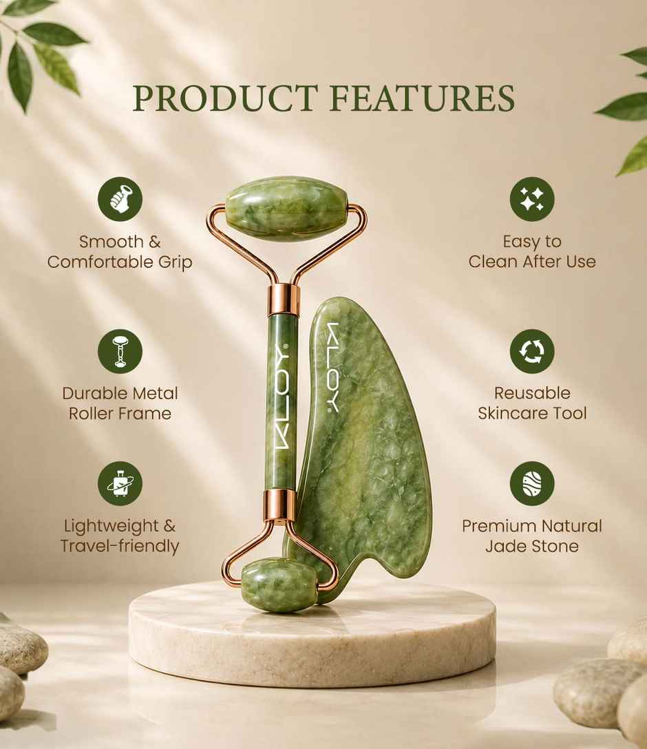 Kloy Natural Jade Face Roller & Gua Sha Set -Facial Massager for Skin Lifting | Puffiness Reduction