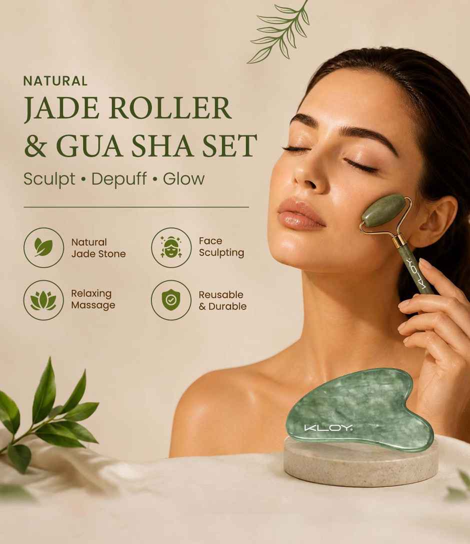 Kloy Natural Jade Face Roller & Gua Sha Set -Facial Massager for Skin Lifting | Puffiness Reduction