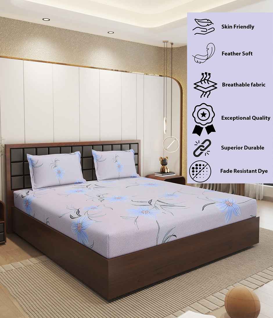 Status Imperial Corner Fitted Double Bedsheet | Delicate Daisy Blue | 198 x 182 cm