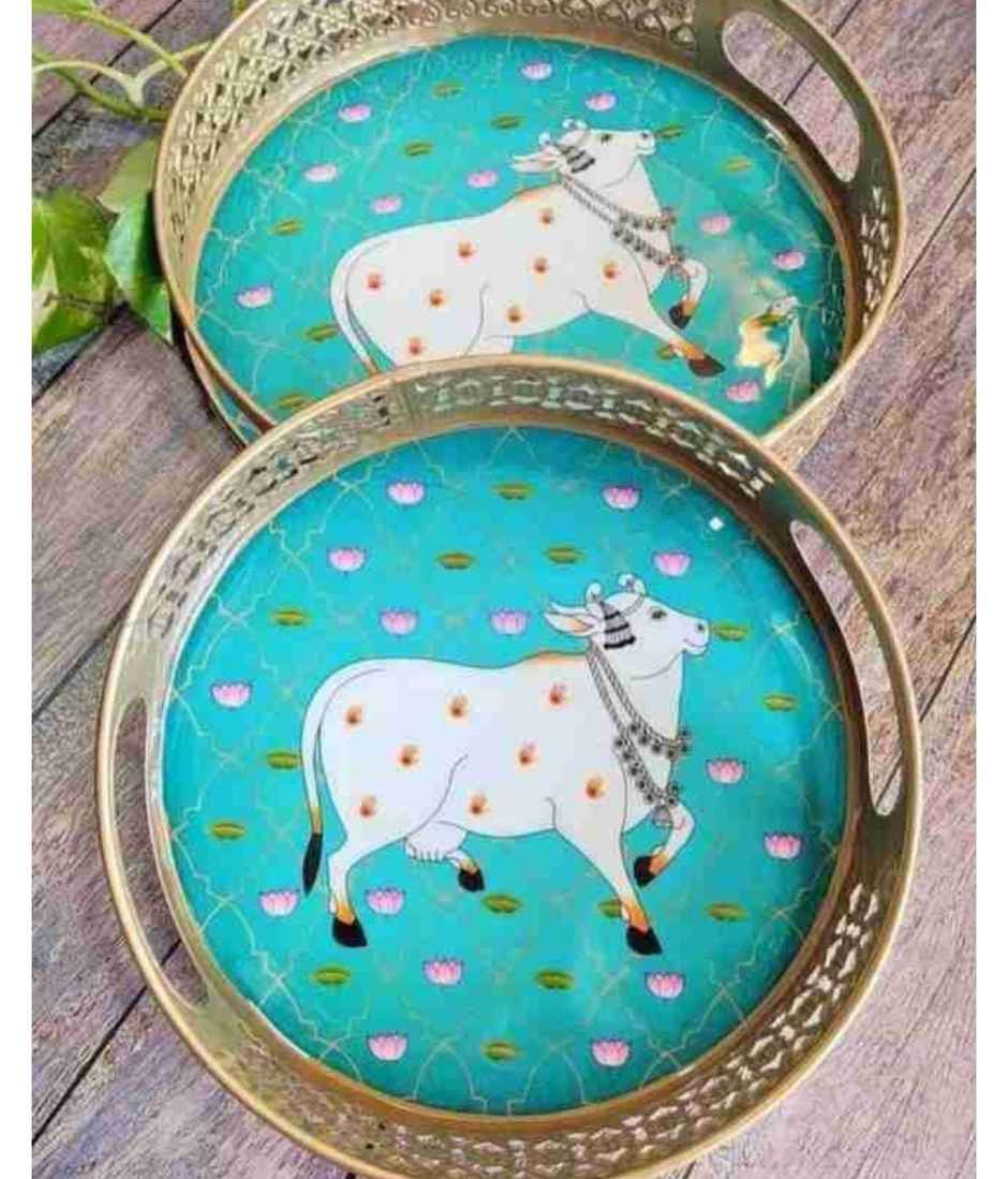 Homeharmony Round Tray Set Of 2 Cow Green Pichwai Trays | Size - 8 Inch and 10 Inch