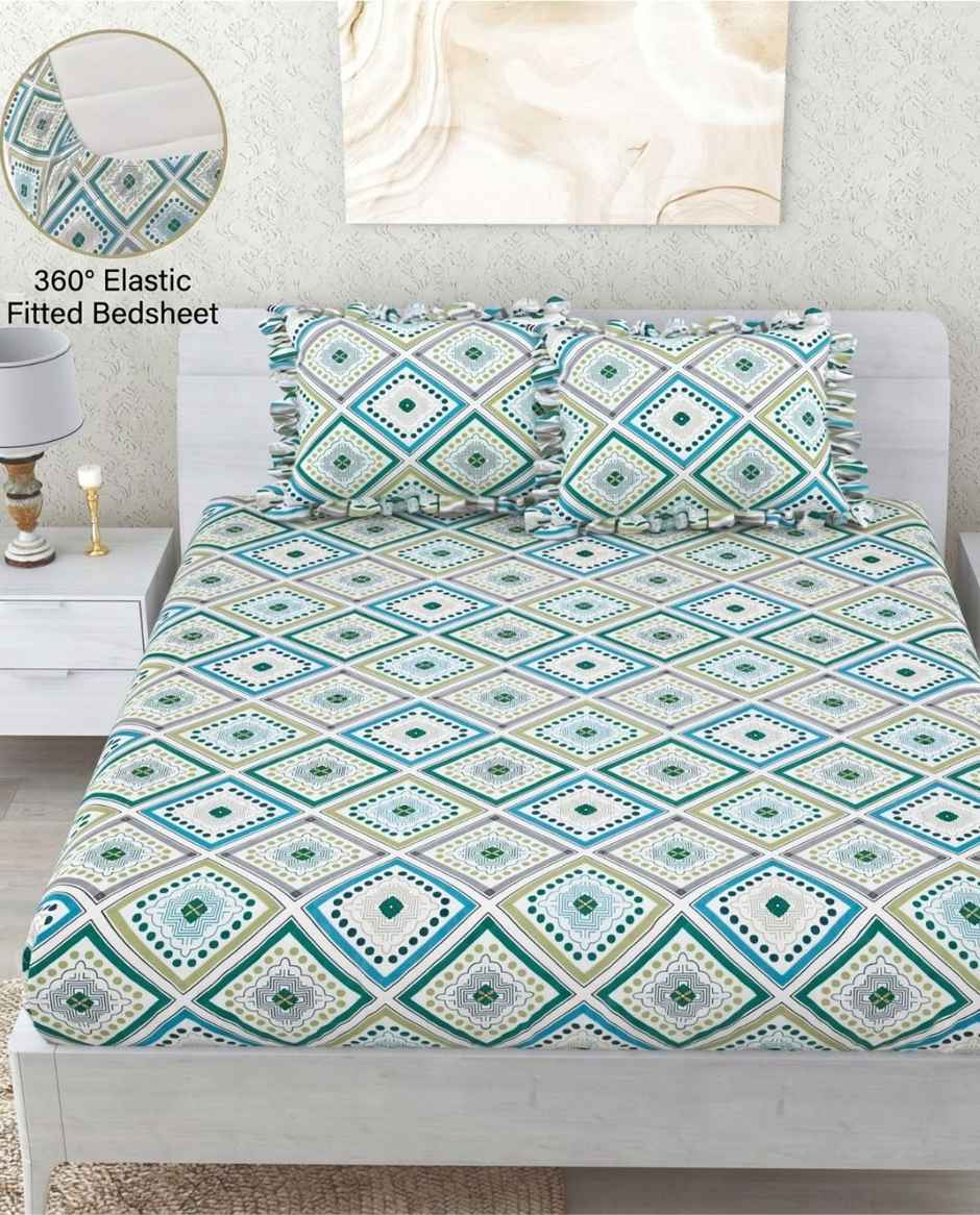 DREAM WEAVERZ Elastic Fitted Double Bedsheet with 2 Frill Pillow Covers | Cotton Blend | Green