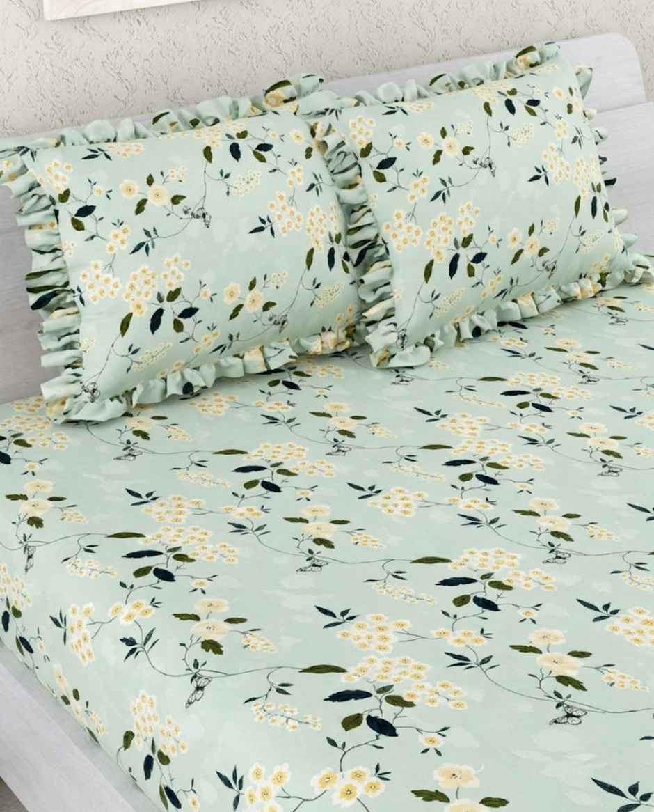 DREAM WEAVERZ Elastic Fitted Double Bedsheet with 2 Frill Pillow Covers | Cotton Blend | Light Green