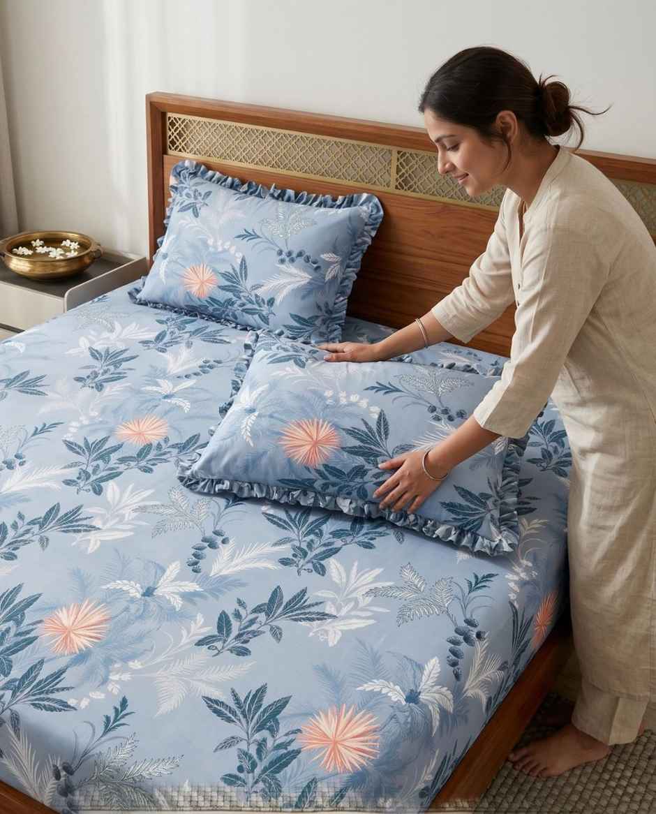 DREAM WEAVERZ Elastic Fitted Double Bedsheet with 2 Frill Pillow Covers | Cotton Blend | Light Grey