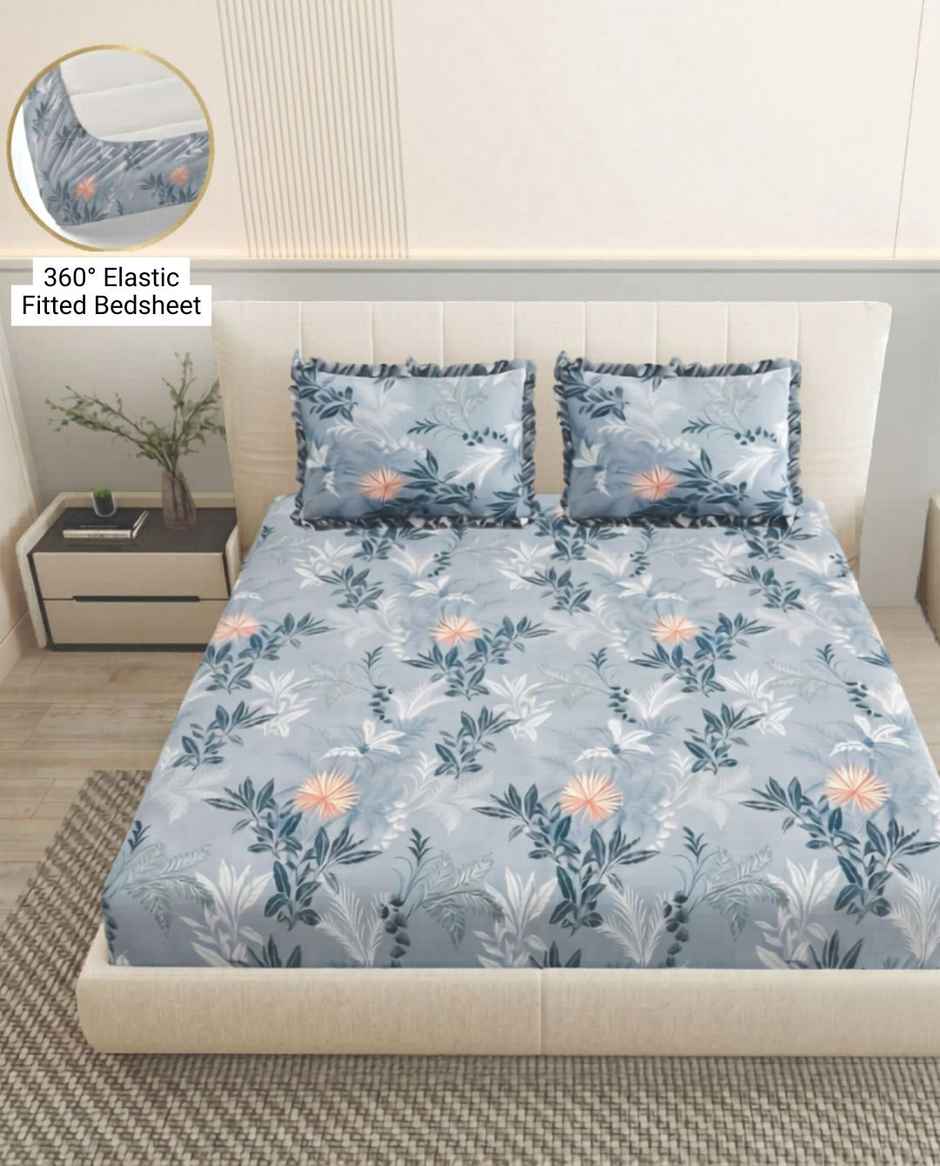 DREAM WEAVERZ Elastic Fitted Double Bedsheet with 2 Frill Pillow Covers | Cotton Blend | Light Grey
